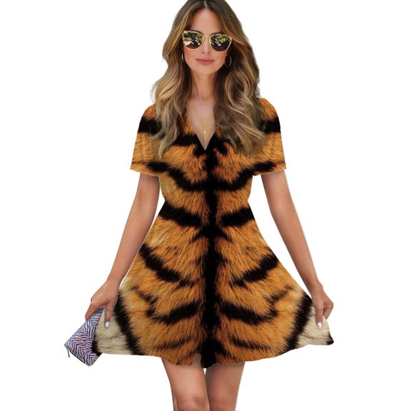 Tiger Stripes Beautiful Orange Women Dress V-Neck Short Sleeve Flowy Swing Party Midi Dress
