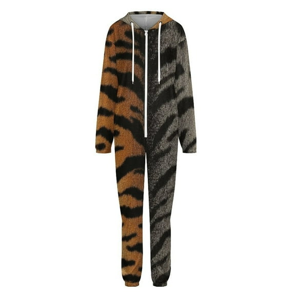 Tiger Stripes Furry Seamless Texture Unisex Adult Onesie Pajamas with Pockets for Women Men Hooded Loungewear
