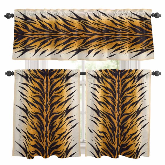 Tiger Stripes Kitchen Curtains Valances and Tiers Set of 3 Modern Themed Tropical Animal Texture Tier Curtains and Valance with Rod Pocket for Small Windows, 27.5"x36"