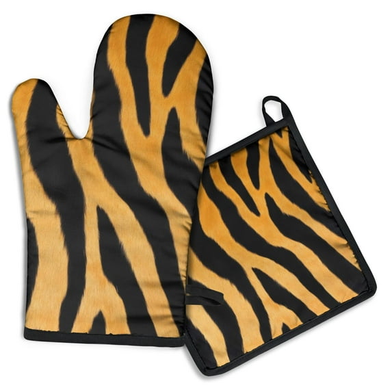 Tiger Stripes Kitchen Oven Mitt and Pot Holder Sets 2 Pcs for Baking, Cooking and Grilling, Heat Resistant Up To 392 °F
