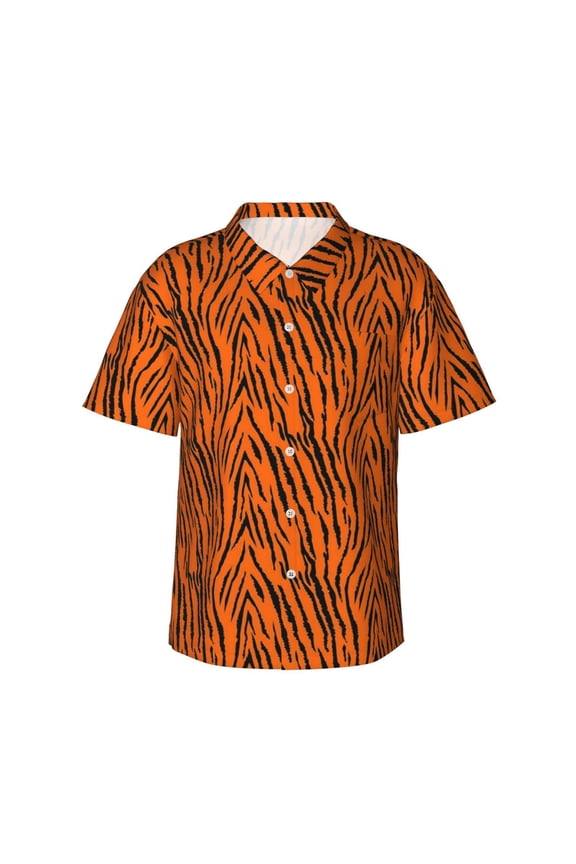 Tiger Stripes Orange Pattern Hawaiian Shirts For Men, Summer Short-Sleeve Relaxed-Fit Button-Down Shirts Xx-Large