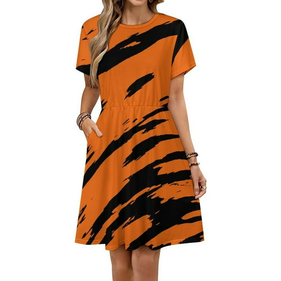 Tiger Stripes Pattern Dress Summer Street Style Dresses Female Short Sleeve Printed Sundress