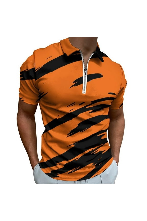 Tiger Stripes Pattern Men Zipper T-shirt Summer Casual Short Sleeve T-shirt Top