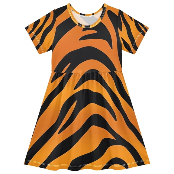 Tiger Stripes Print Girls Short Sleeve Dress A Line Sun Protection Breathable Comfort Sundress 4T
