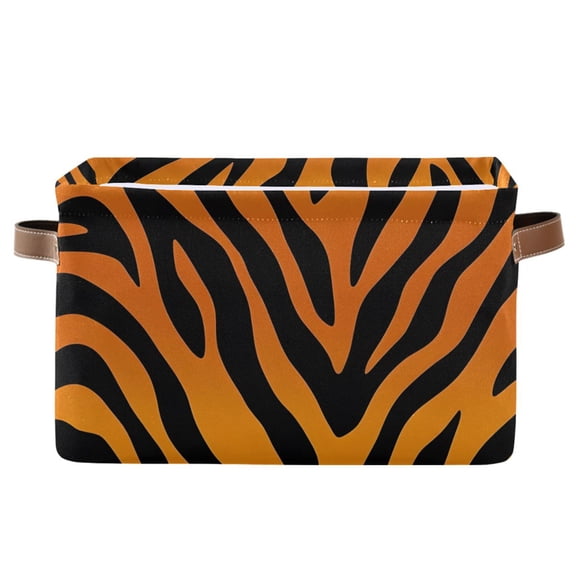 Tiger Stripes Print Storage Basket Canvas Waterproof PE Lining PU Leather Handles Collapsible 14.2x10.2x8.3in