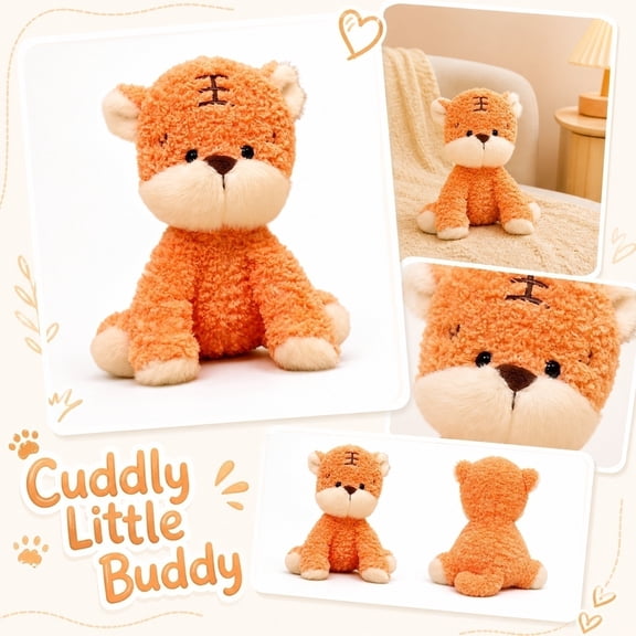Tiger Stuffed Animal, Orange Stuffed Tiger, Sitting Plush Toys, Plush Tiger for Student, Soft Fluffy 10X4 Inch Plushie with Embroidered Forehead Details, Snuggly Surface Suitable