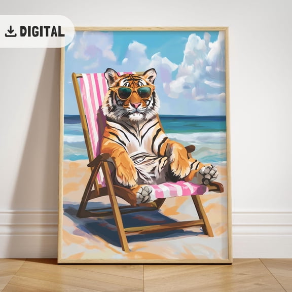 Tiger Summer Art Poster, Pool Party Wall Decoration, Wild Animal Beach Coastal Poster, Unframed Poster Size 8x12