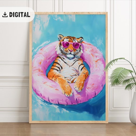 Tiger Summer Poster: Colorful Animal Coastal Poster Wall Art, Beach House Decor, Unframed Canvas Size 8x12