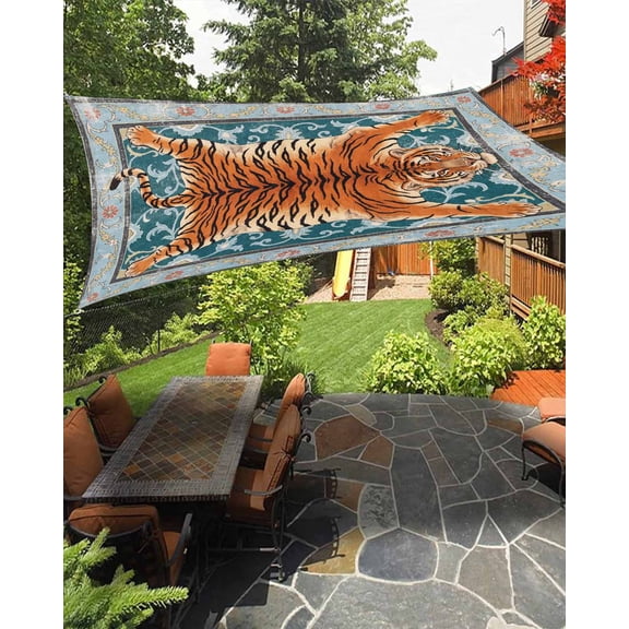 Tiger Sun Shade Sail 6.5'X10' Bohemian Modern Animal Print Teal Green Floral Texture UV Block Outdoor Sail Shades Breathable Waterproof Rectangular Sunshade for Patio Garden Pool Pergola Porch