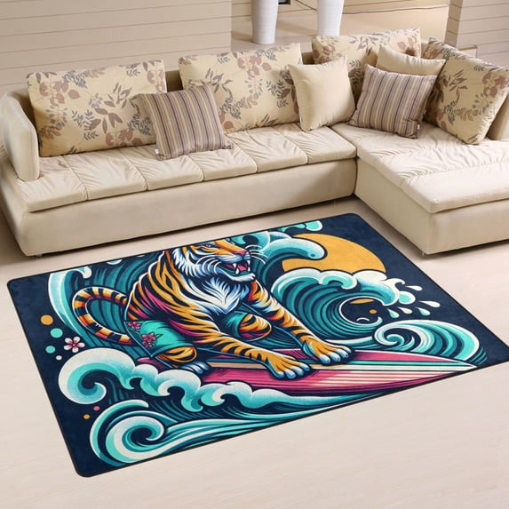 Tiger Surf Summer Area Rug Washable Floor Carpet Mat 60 x 39 inch for Bedroom Living Room Kids Room Home Decor