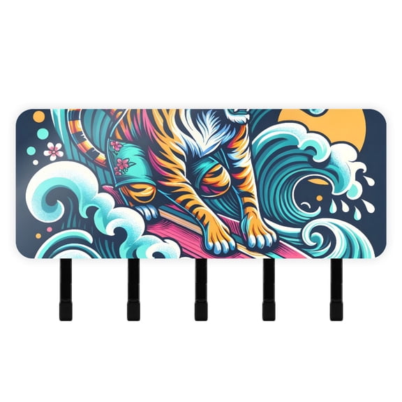 Tiger Surf Summer Mail Holder Organizer Wall Mount with Shelf Key Holder Key Rack with 5 Key Hooks for Wall Decorative