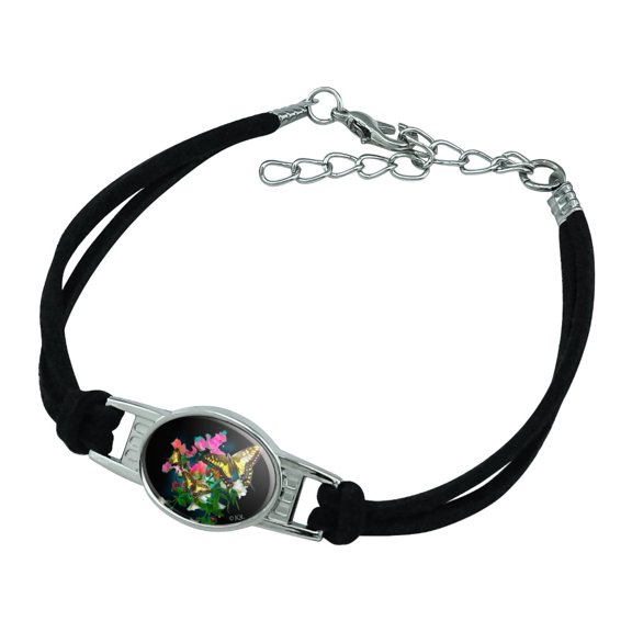 Tiger Swallowtail Butterflies Butterfly Flowers Novelty Suede Leather Metal Bracelet