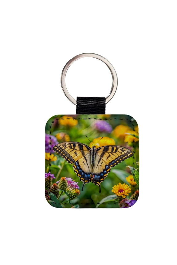 Tiger Swallowtail Butterfly Faux Leather Square Keychain
