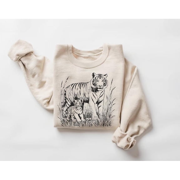 Tiger Sweatshirt, Jungle Theme Wildlife Sweater, Tiger and Her Cub Nature Scene Crewneck497 Tshirt All Size S-5XL