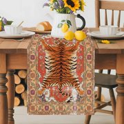 Tiger Table Runner 18x72 Inch Bohemian Modern Animal Print Red Orange Floral Texture Cotton Linen Dining Table Runner Ideal for Dresser Kitchen Coffee Tables - Machine Washable