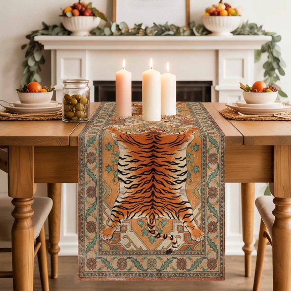 Tiger Table Runner, Bohemian Modern Animal Print Orange Floral Texture Washable Cotton-linen Table Runners Dining Kitchen Decoration for Everyday Home Wedding Party Decor, 13 x 36 Inch