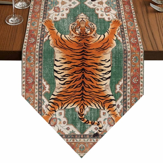 Tiger Table Runner for Dining Room, Bohemian Modern Animal Print Orange Green Floral Texture Cotton Linen Dining Table Runner Tablecloth Dresser Scarves for Kitchen Cafe 13x60 Inches Long