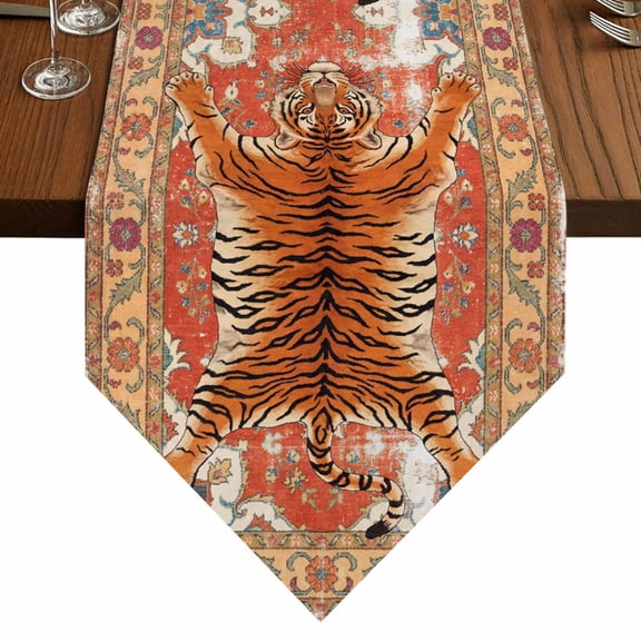 Tiger Table Runner for Dining Room, Bohemian Modern Animal Print Red Orange Floral Texture Cotton Linen Dining Table Runner Tablecloth Dresser Scarves for Kitchen Cafe 13x36 Inches Long