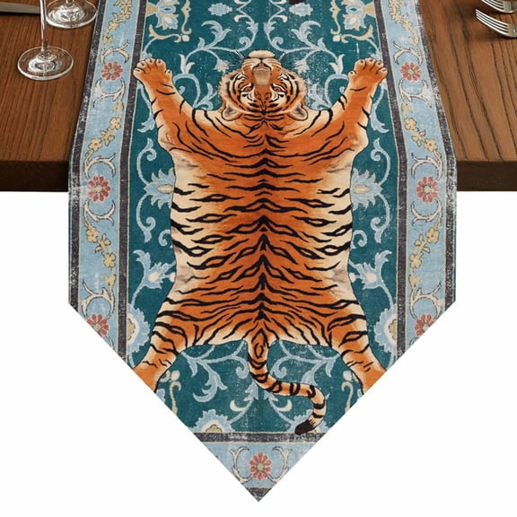 Tiger Table Runner for Dining Room, Bohemian Modern Animal Print Teal Green Floral Texture Cotton Linen Dining Table Runner Tablecloth Dresser Scarves for Kitchen Cafe 13x36 Inches Long