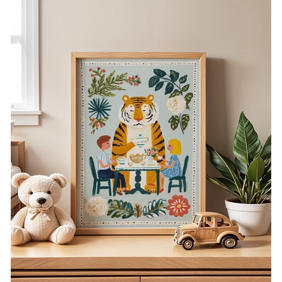 Tiger Tea Party Nursery Whimsical Room Decor Animal Wall Art Art, Unframed Canvas