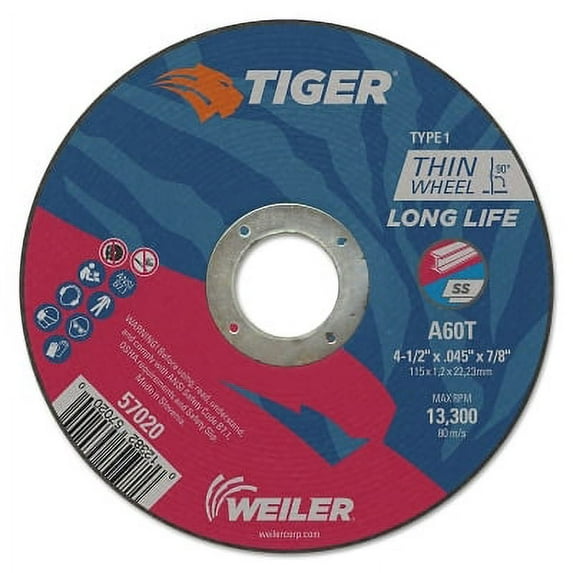 Tiger Thin Cutting Wheel, 4-1/2 in Diameter, .045 in Thick, 5/8 in-11 Arbor, Grit 60 | Bundle of 2 Packs