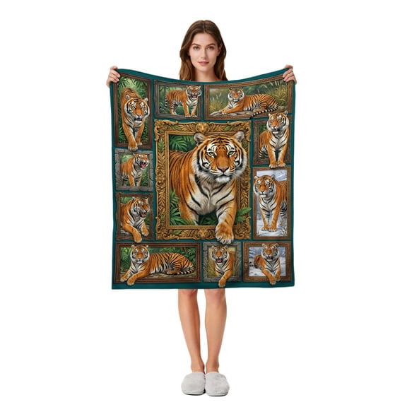 Tiger Throw Blanket Small Size Cozy Fleece Lap Blanket Wildlife Big Cat Artwork Framed Portraits Ultra Soft Lightweight Warm Sofa Couch Bed Travel Camping Gift for Kids Teens Adults - 50"x40"