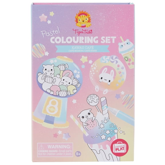 Tiger Tribe Kawaii Caf Pastel Coloring Set: Cute Activity Set with Stickers & Double-Ended Markers for Kids - Ideal for Travel & Gifting
