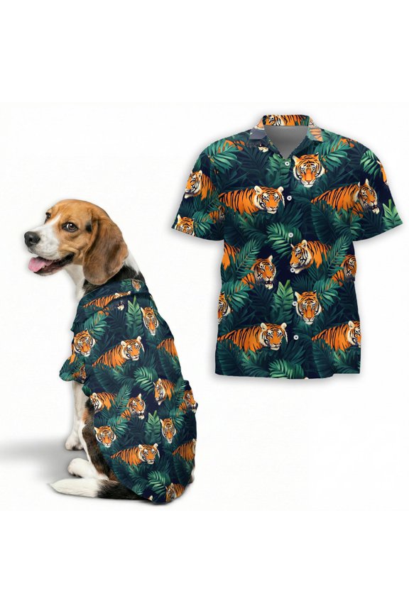 Tiger Tropical Hawaiian Shirt, Jungle Tiger Leaf Print Button Down Shirt for Adults or Dogs, Short Sleeve Polyester Summer Shirt