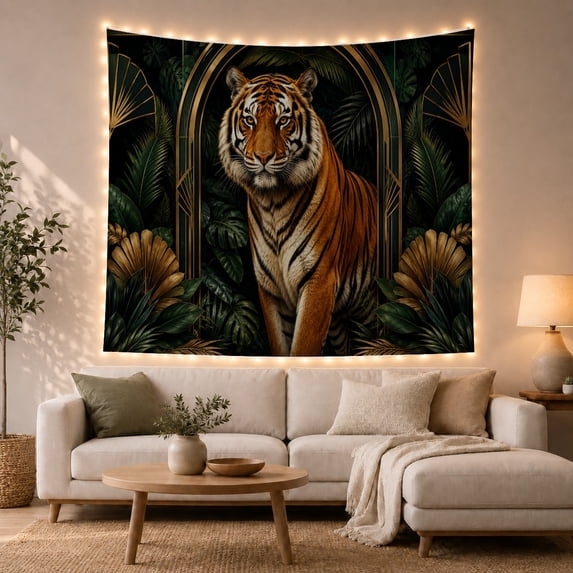 Tiger in Tropical Jungle with Gold Geometric Arches, Dramatic Art Deco for Wildlife Enthusiasts, Bold Geometric Wall Art, Housewarming Gift, Tapestry Wall Hanging for Bedroom and Living Room