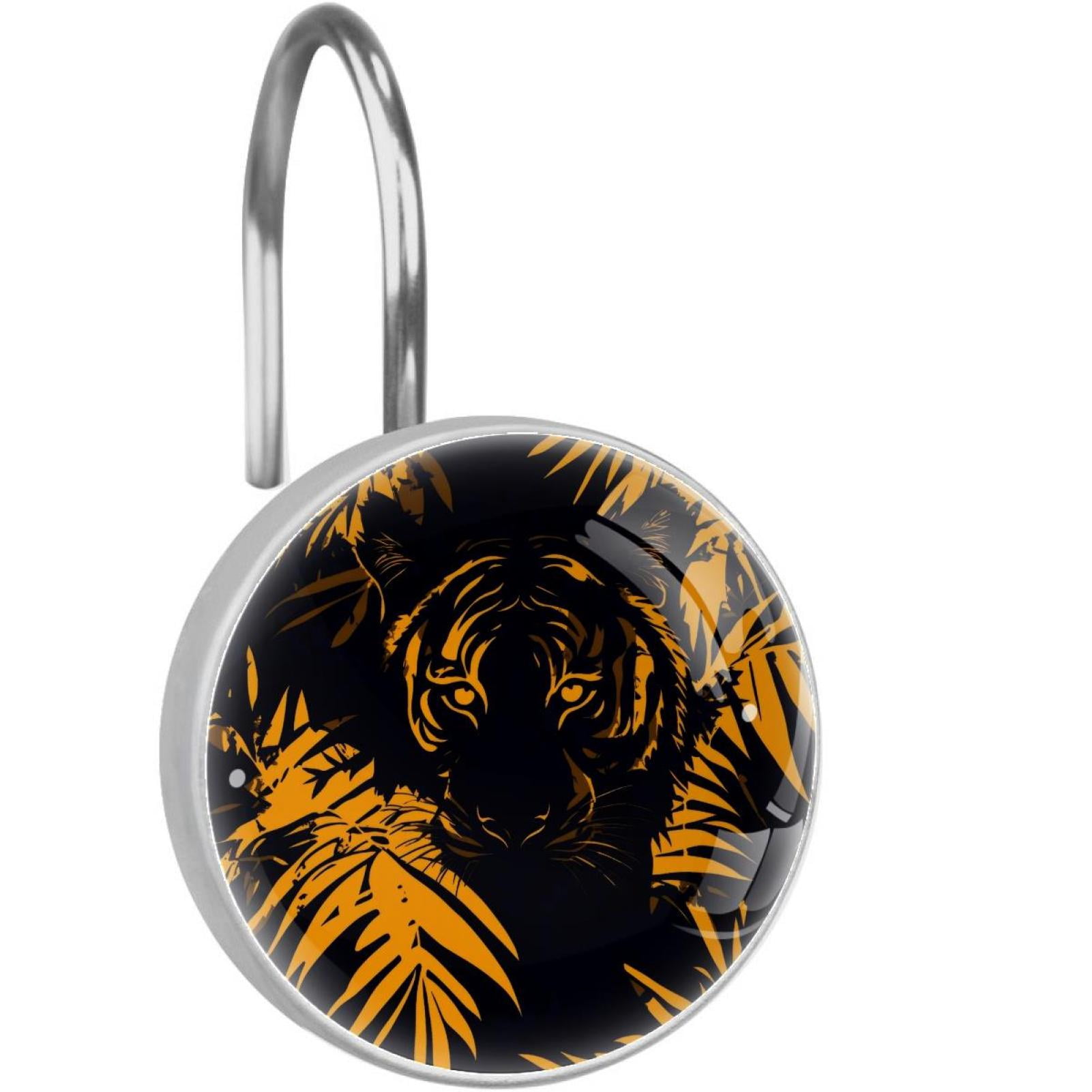 Tiger Tropical Leave Silhouette Shower Curtain Hooks Round Crystal Glass, Set of 12 Shower Curtain Rings - Shower Hooks for Curtain Shower Rings