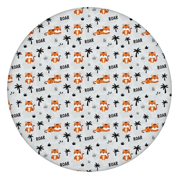 Tiger Tropical Palm Gray Pattern Round Elastic Tablecloth, 36-44 Inch Waterproof, Machine Washable, Indoor & Outdoor Use
