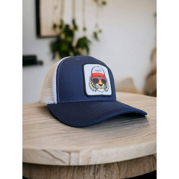 Tiger Trucker Snapback Hat - Navy Blue on White Mesh
