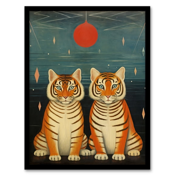 Tiger Twins Tea Party Cute Animal Cubs Artwork Framed Wall Art Print A4