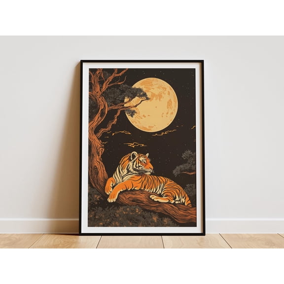 Tiger Under Full Moon Poster Traditional Chinese Art Print Lunar New Year Wall Decor Resting Tiger Illustration Home Decor Celestial Art