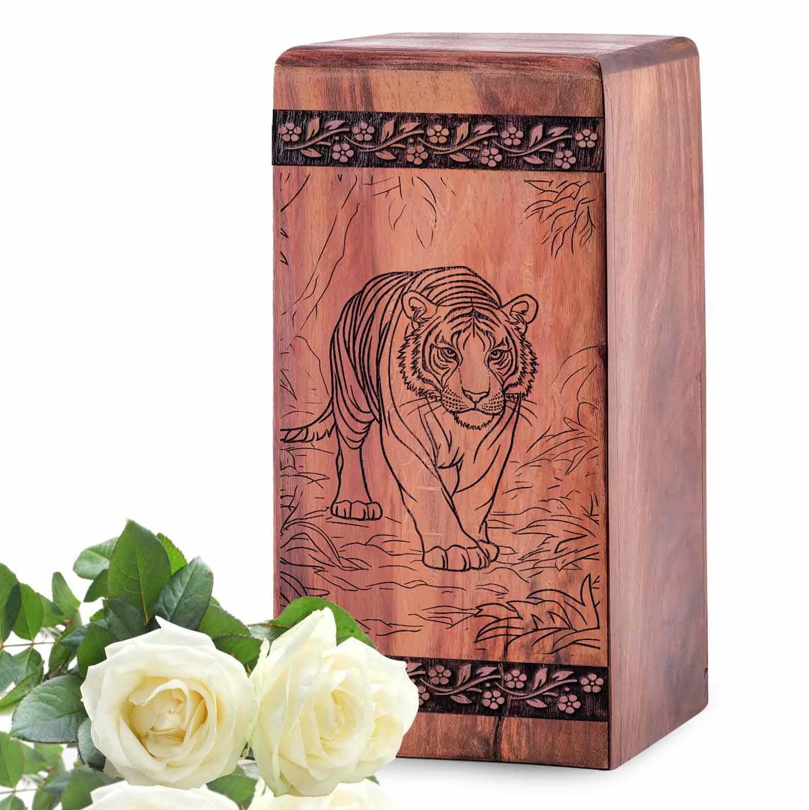 Tiger Urn - Wooden Cremation Urn for Human Ashes Man/Woman - Tigers Wood Urns Pet Ash - Decorative Box Funeral Urns for Adult Male Female - Memorial Keepsake Urns - 11.25inch, Large Size - 1Pcs Pack
