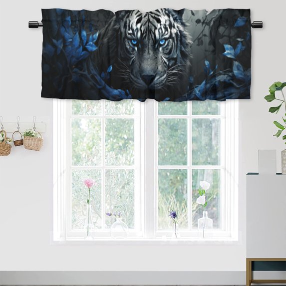 Tiger Valance Curtain for Kitchen Wild Animal Blue Rose Tiger Romantic Floral Window Valance for Living Room Bedroom, Kitchen Valance Rod Pocket Window Curtain 54 by 18 in, 1 Panel