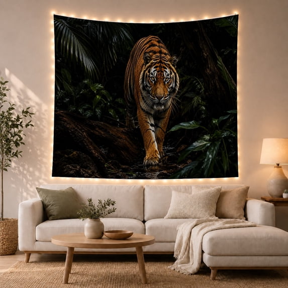 Tiger Walking Through Dark Jungle, Dramatic Digital Art for Nature Lovers, Wildlife Wall Art, Housewarming Gift Tapestry Wall Hanging for Living Room and Bedroom