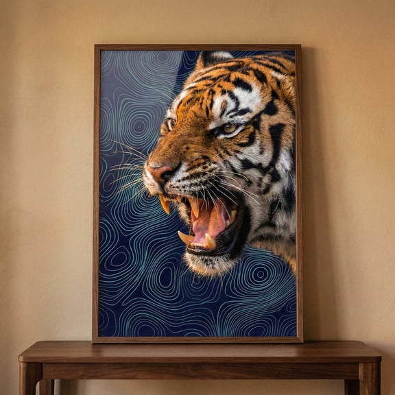 Tiger Wall Art Fierce Roaring Wild Animal Digital Print Topographic Map Decor Jungle Preda