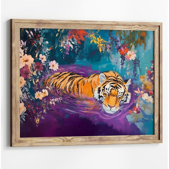 Tiger Wall Art Poster Floral Jungle Animal Poster Majestic Tiger in Water Bold Jungle Cat, UNFRAMED Size 24x24