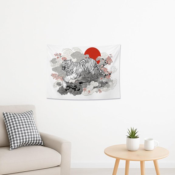 Tiger Wall Tapestry, Japanese Red Sun and Blossoms Decorative Art for Autumn Home Decor, Aesthetic Tapestry for Bedroom, Living Room, Study 40x30 Inch