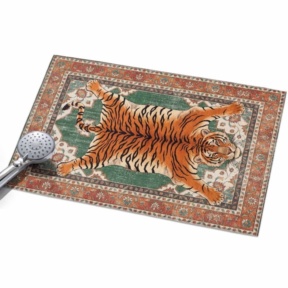 Tiger Washable Area Rug 2 x 3 ft Bohemian Modern Animal Print Orange Green Floral Texture, Soft Non Slip Rugs Stain Repellent Indoor Felt Carpet for Living Dining Room Bedroom Home Office