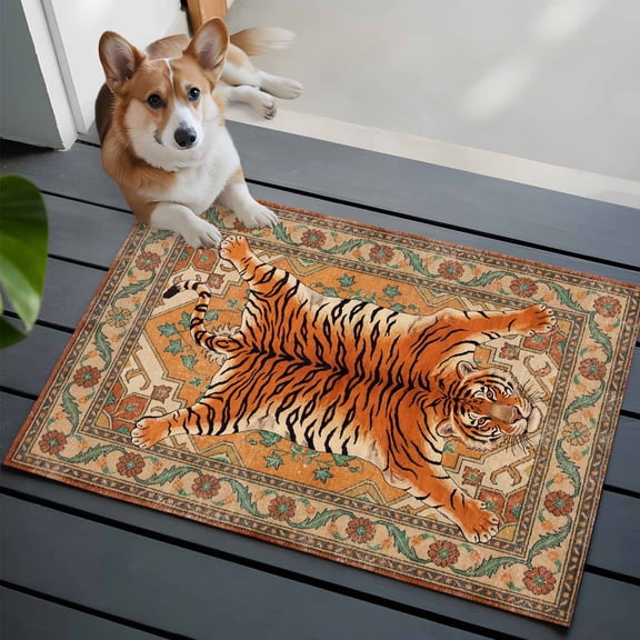 Tiger Washable Entry Rug 2x3 Bohemian Modern Animal Print Orange Floral Texture Low Pile Indoor Door Mat with Rubber Backing Thin Area Rug for for Entrance, Bedroom, Kitchen, Laundry, Bathroom