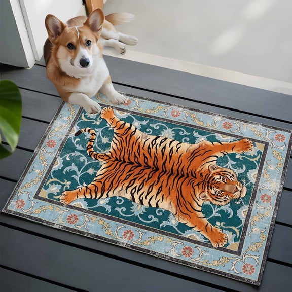 Tiger Washable Entry Rug 2x3 Bohemian Modern Animal Print Teal Green Floral Texture Low Pile Indoor Door Mat with Rubber Backing Thin Area Rug for for Entrance, Bedroom, Kitchen, Laundry, Bathroom