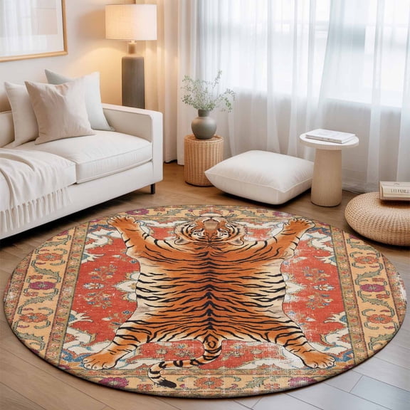 Tiger Washable Round Area Rug 3 ft, Bohemian Modern Animal Print Red Orange Floral Texture, Soft Non Slip Rugs Stain Repellent Indoor Felt Carpet for Living Dining Room Bedroom Home Office