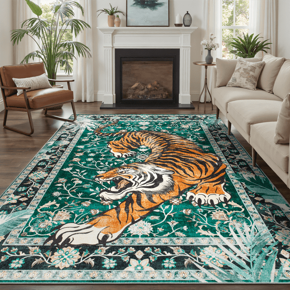 Tiger Washable Rugs, 8x10 Area Rugs for Living Room, Soft Large Vintage Bedroom Rug, Botanical Non Slip Stain-Resistant Low-Pile Carpet for Dining Room, Home Office, -Green