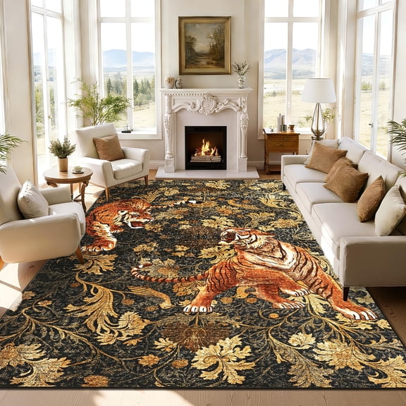 Tiger Washable Rugs Area Rugs for Living Room, Soft Large Vintage Rug, Botanical Non Slip Ultra Thin Floor Carpet for Dining Room Home Office