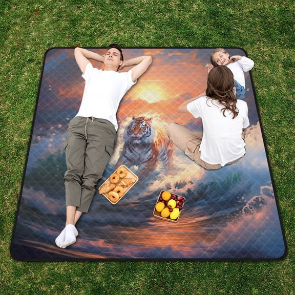 Tiger Waves Sun Clouds Sea Beach Blanket Outdoor Picnic Blanket 78"x 78" Waterproof Foldable for Beach Camping Travel Hiking Grass Lawn Park