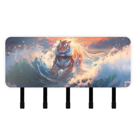 Tiger Waves Sun Clouds Sea Mail Holder Organizer Wall Mount with Shelf Key Holder Key Rack with 5 Key Hooks for Wall Decorative