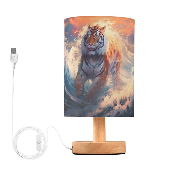 Tiger Waves Sun Clouds Sea Table Lamp USB Bedside Desk Nightstand Lamp Printed Gifts Small Lamp Wood Base for Bedroom Living Room Kids Room College Dorm