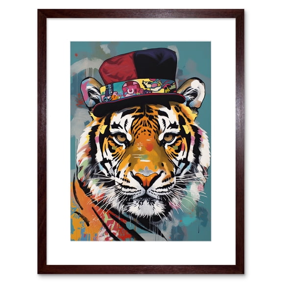 Tiger Wearing Soft Felt Top Hat Modern Folk Art Artwork Framed Wall Art Print 9X7 Inch